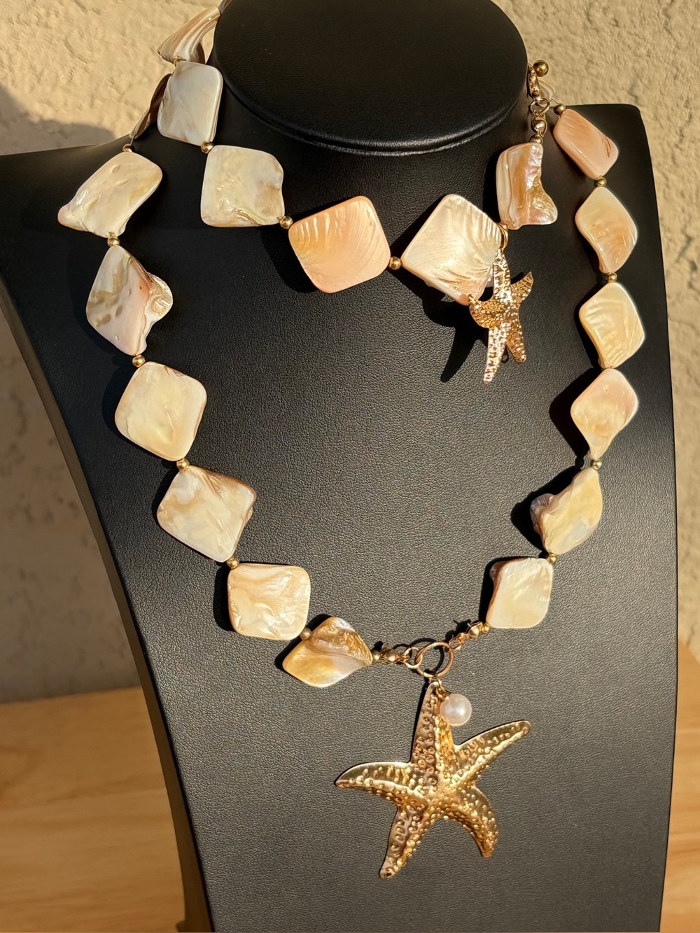 Coastal Mother of Pearl Shell & Gold Starfish Statement Necklace & Bracelet